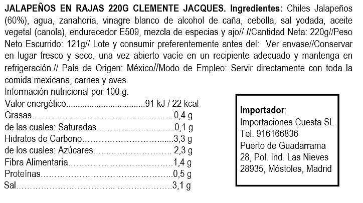 Chiles Jalapeños Rajas 220g - Clemente Jacques - Imagen 2