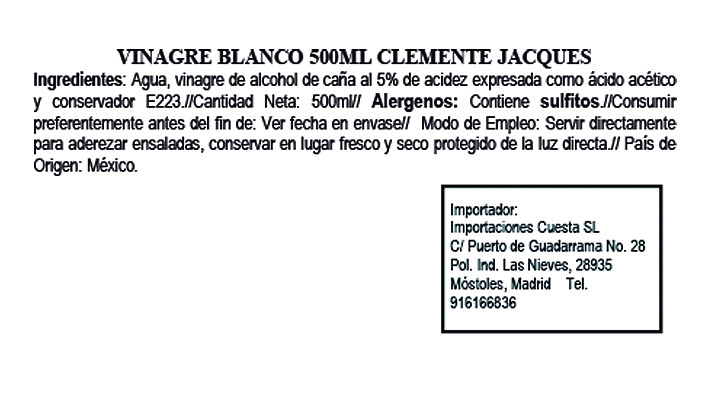 Vinagre de caña Blanco 500ml Clemente Jacques - Imagen 2