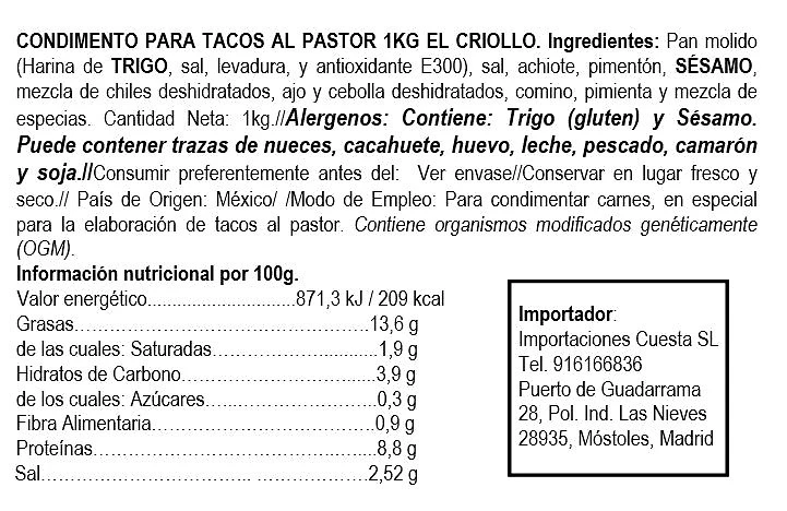 Condimento para Tacos al Pastor 1kg - El Criollo - Imagen 2