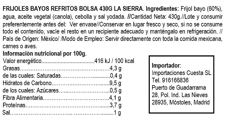 Frijol Bayo Refrito Bolsa 430g - La Sierra - Imagen 2